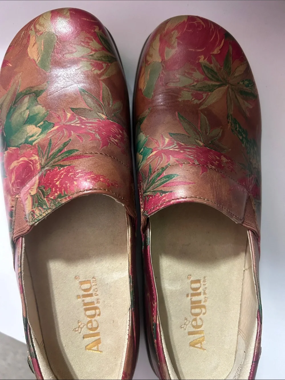 Alegria Pink and Green Floral Leather Slip-Ons